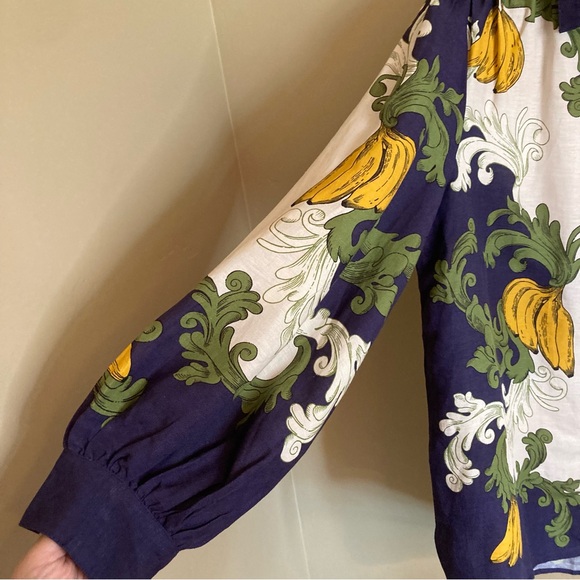 NEW FARM Rio x Anthropologie Puff Sleeve Button Down Blouse Bananas Linen Size L - Picture 7 of 16